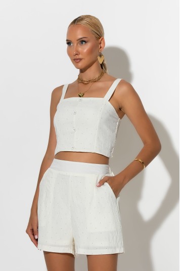 Σετ crop top μεε σφηγκοφωλιά πίσω και σορτς με στρας λευκό