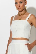 Σετ crop top με σφηγκοφωλιά πίσω και σορτς με στρας λευκό Σετ crop top με σφηγκοφωλιά πίσω και σορτς με στρας λευκό
