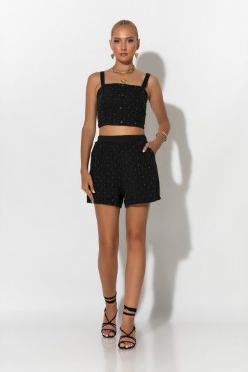 Σετ crop top μεε σφηγκοφωλιά πίσω και σορτς με στρας λευκό