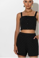 Σετ crop top με σφηγκοφωλιά πίσω και σορτς με στρας μαύρο Σετ crop top με σφηγκοφωλιά πίσω και σορτς με στρας μαύρο