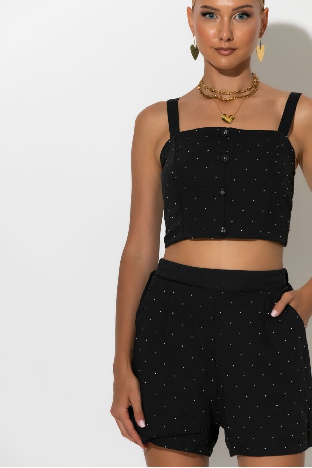 Σετ crop top με σφηγκοφωλιά πίσω και σορτς με στρας μαύρο Σετ crop top με σφηγκοφωλιά πίσω και σορτς με στρας μαύρο