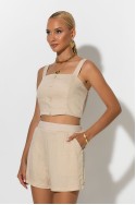 Σετ crop top με σφηγκοφωλιά πίσω και σορτς με στρας μπεζ Σετ crop top με σφηγκοφωλιά πίσω και σορτς με στρας μπεζ