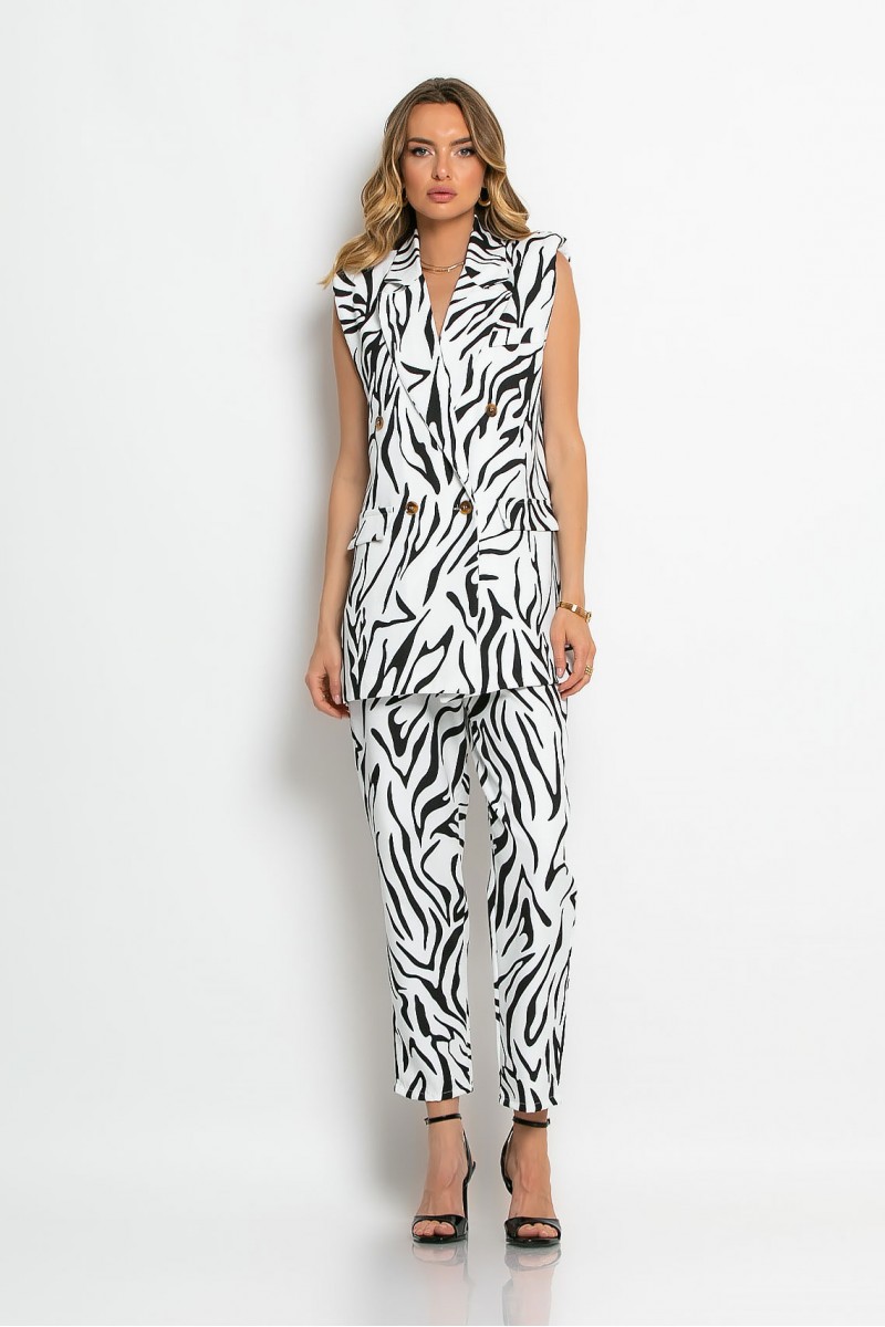 Σετ παντελόνι και αμάνικο blazer zebra print με βάτες μαύρο