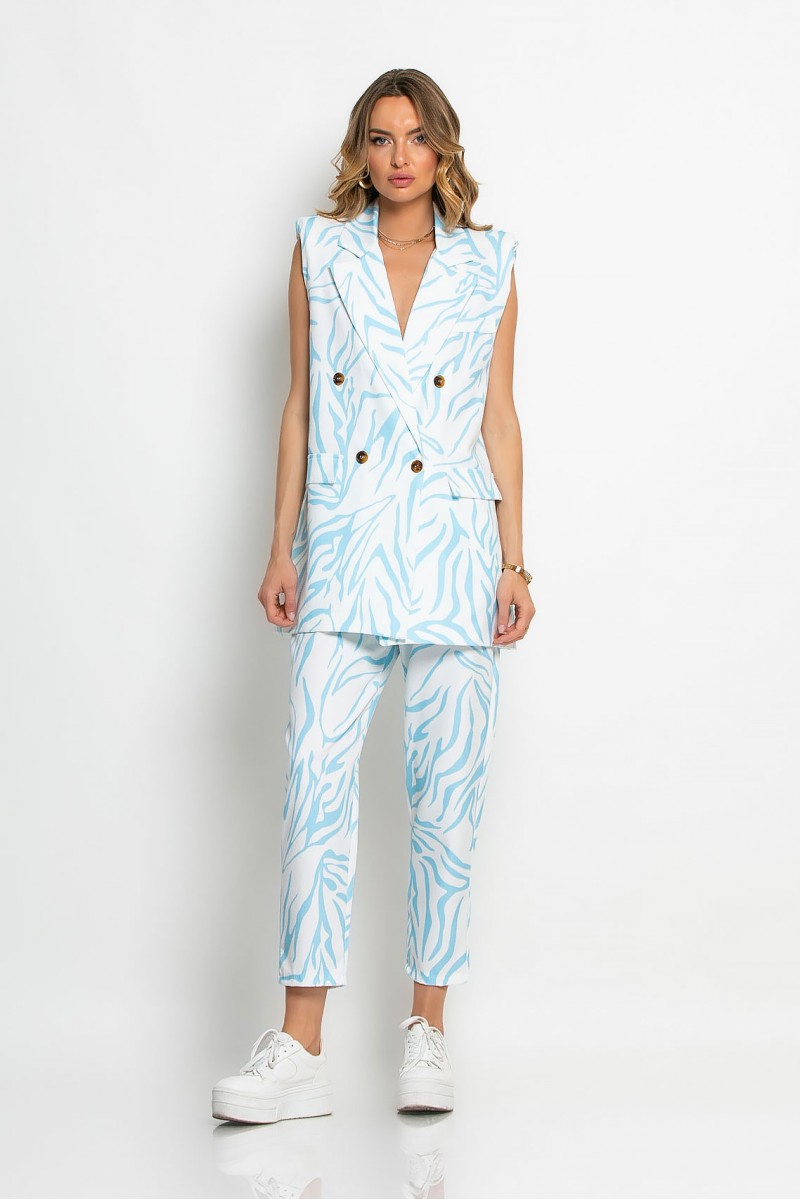 Σετ παντελόνι και αμάνικο blazer zebra print με βάτες σιέλ