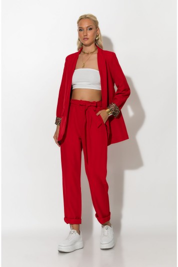 Σετ blazer με λεοπάρ φόδρα και παντελόνι με ζωνάκι μπεζ