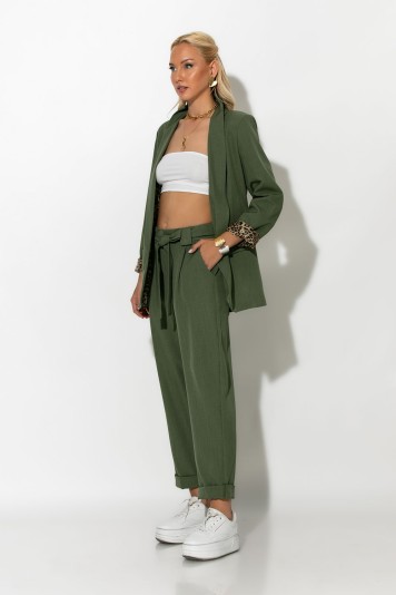 Σετ blazer με λεοπάρ φόδρα και παντελόνι με ζωνάκι μπεζ