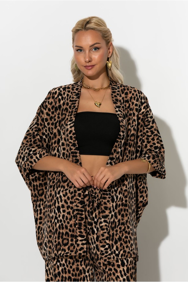 Σετ κιμονό και παντελόνα leopard print μπεζ σκούρο Σετ κιμονό και παντελόνα leopard print μπεζ σκούρο