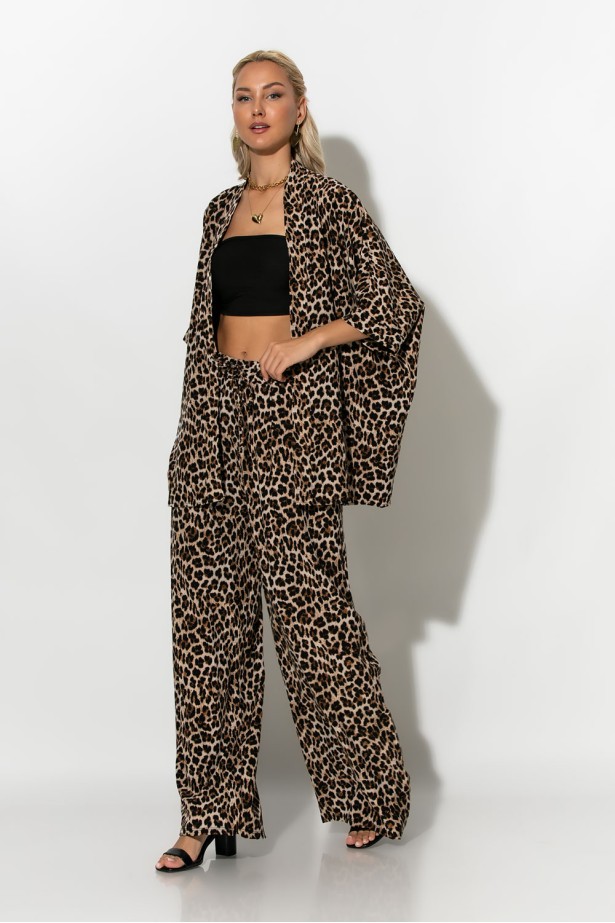 Σετ κιμονό και παντελόνα leopard print μπεζ ανοιχτό Σετ κιμονό και παντελόνα leopard print μπεζ ανοιχτό