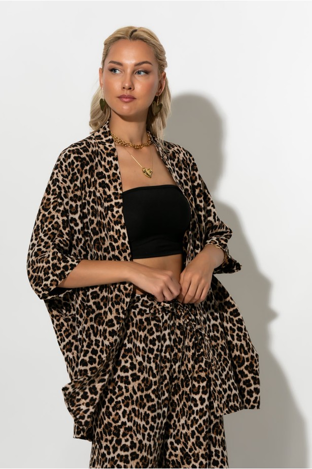 Σετ κιμονό και παντελόνα leopard print μπεζ ανοιχτό Σετ κιμονό και παντελόνα leopard print μπεζ ανοιχτό