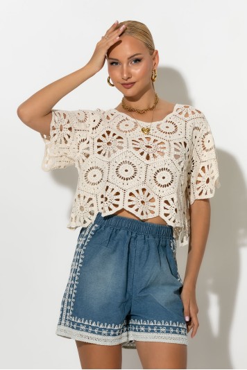 Crochet κοντομάνικο τοπ μπεζ 