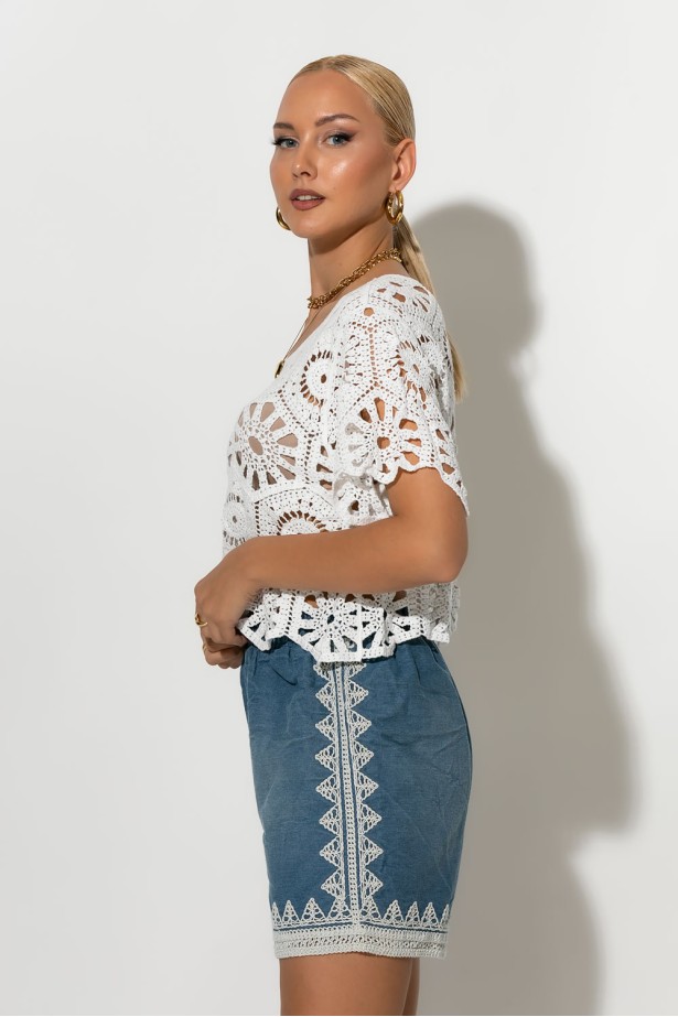 Crochet κοντομάνικο τοπ λευκό Crochet κοντομάνικο τοπ λευκό