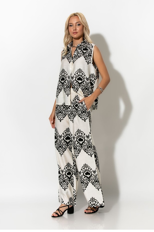 Σετ αμάνικο πουκάμισο και παντελόνα με ethnic ikat print λευκό-μαύρο Σετ αμάνικο πουκάμισο και παντελόνα με ethnic ikat print λευκό-μαύρο