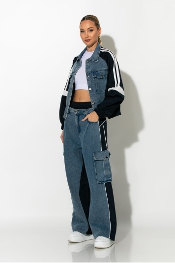 Σετ με mix υφών παντελόνι wide leg cargo και jacket με ρίγες μπεζ