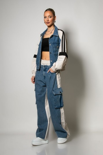 Σετ με mix υφών παντελόνι wide leg cargo και jacket με ρίγες μπεζ
