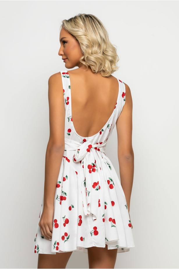 Μίνι φόρεμα με ζωνάκι στην μέση cherry print λευκό Μίνι φόρεμα με ζωνάκι στην μέση cherry print λευκό