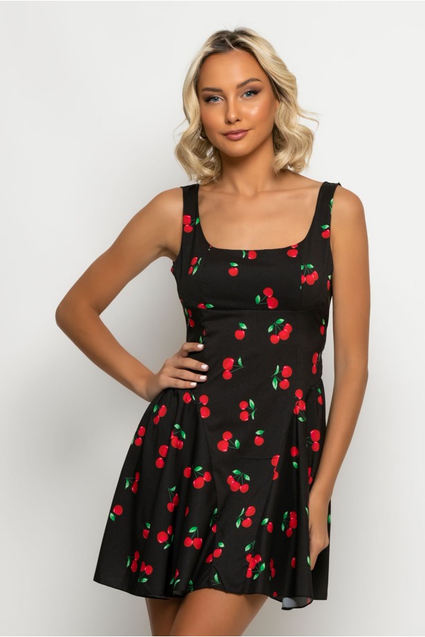 Μίνι φόρεμα με ζωνάκι στην μέση cherry print μαύρο Μίνι φόρεμα με ζωνάκι στην μέση cherry print μαύρο
