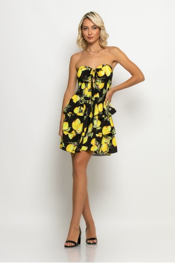 Μίνι φόρεμα με βολαν lemon print μαύρο