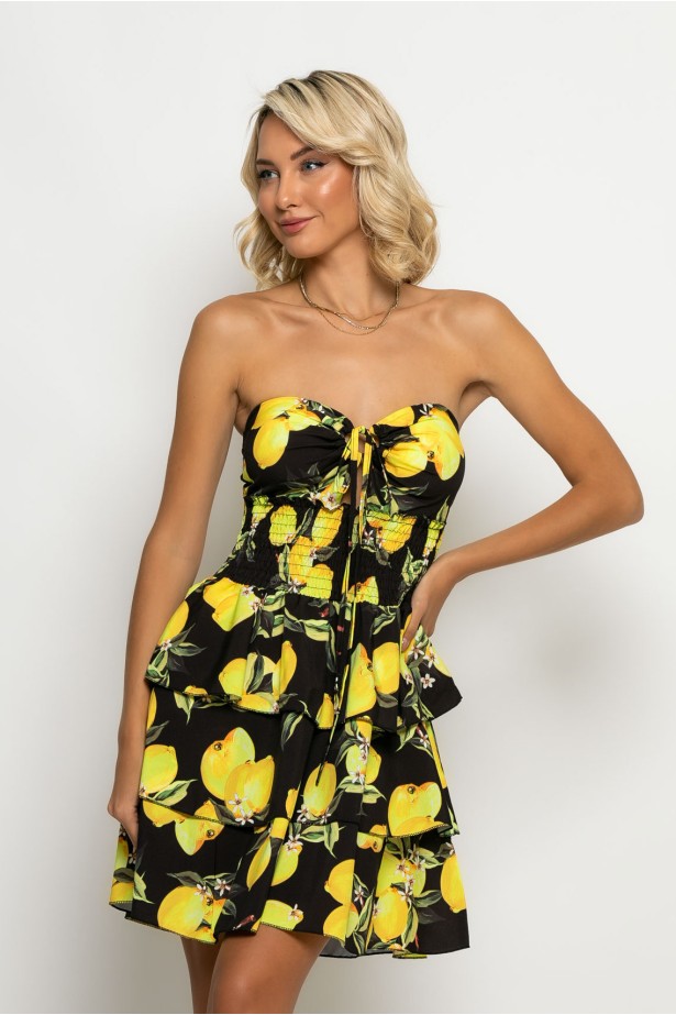 Μίνι φόρεμα με βολαν lemon print μαύρο Μίνι φόρεμα με βολαν lemon print μαύρο