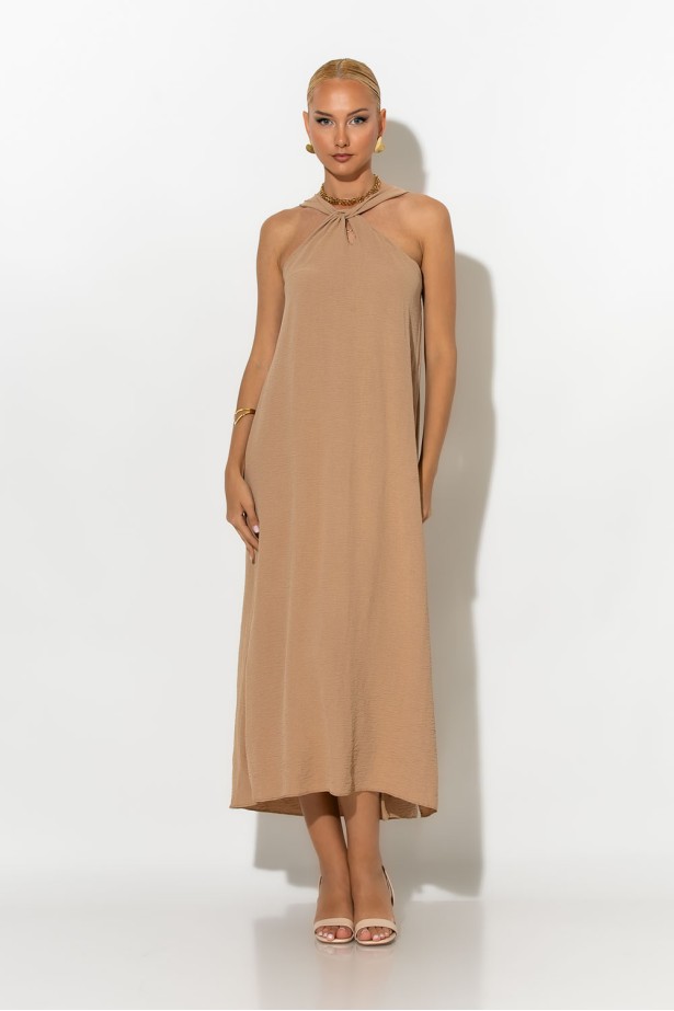 Μίντι φόρεμα knot halter neck μπεζ σκούρο 
