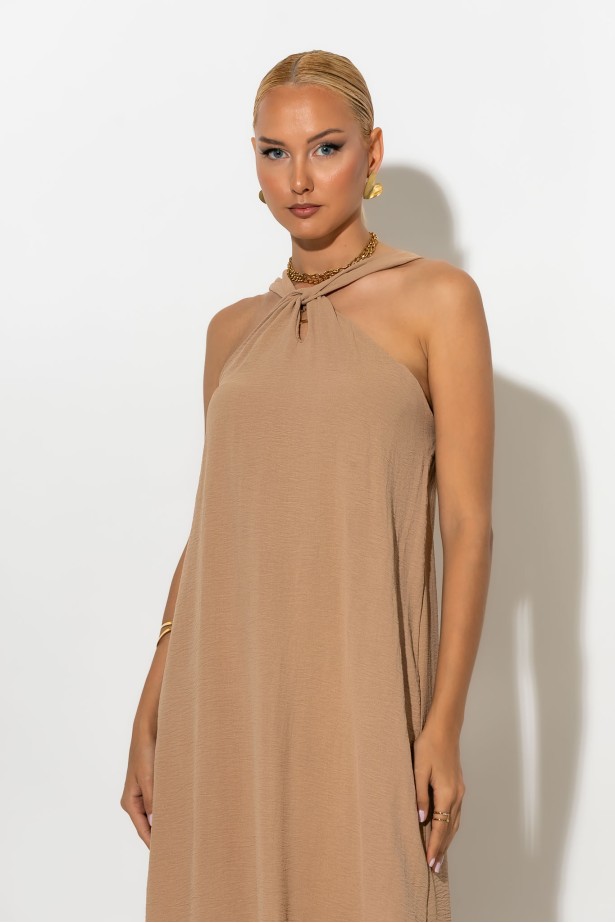 Μίντι φόρεμα knot halter neck μπεζ σκούρο Μίντι φόρεμα knot halter neck μπεζ σκούρο