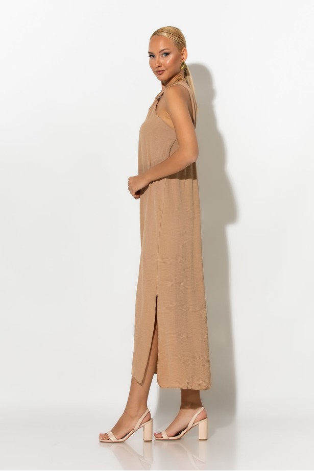 Μίντι φόρεμα knot halter neck μπεζ σκούρο Μίντι φόρεμα knot halter neck μπεζ σκούρο