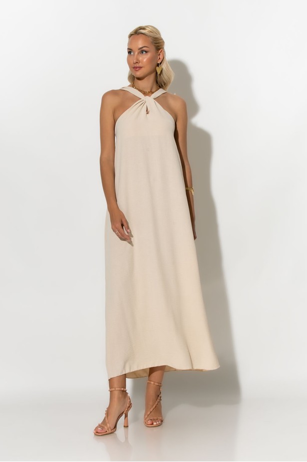Μίντι φόρεμα knot halter neck μπεζ Μίντι φόρεμα knot halter neck μπεζ