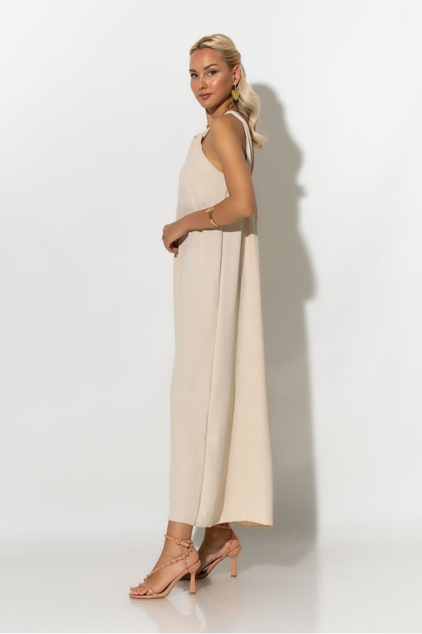 Μίντι φόρεμα knot halter neck μπεζ Μίντι φόρεμα knot halter neck μπεζ