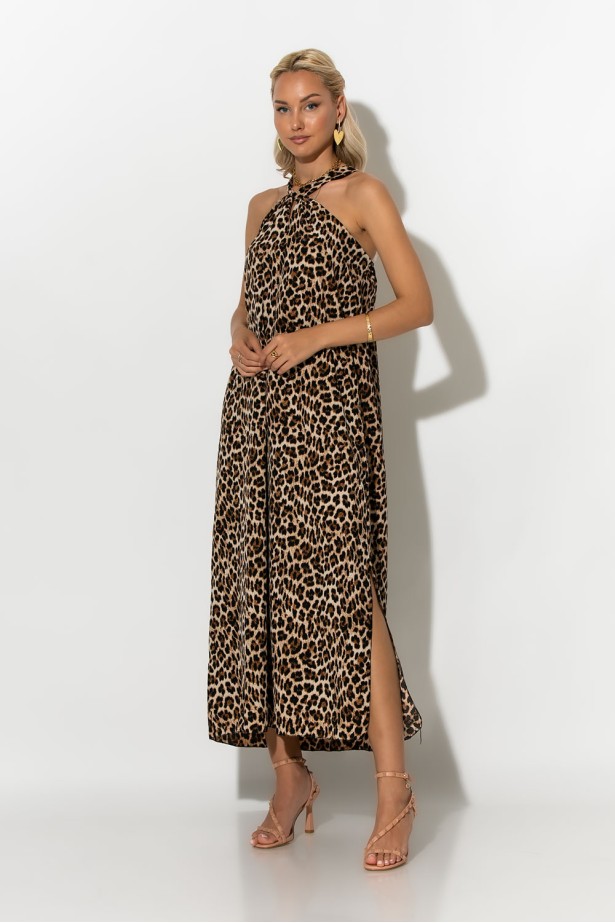 Μίντι φόρεμα knot halter neck λεοπάρ μπεζ Μίντι φόρεμα knot halter neck λεοπάρ μπεζ