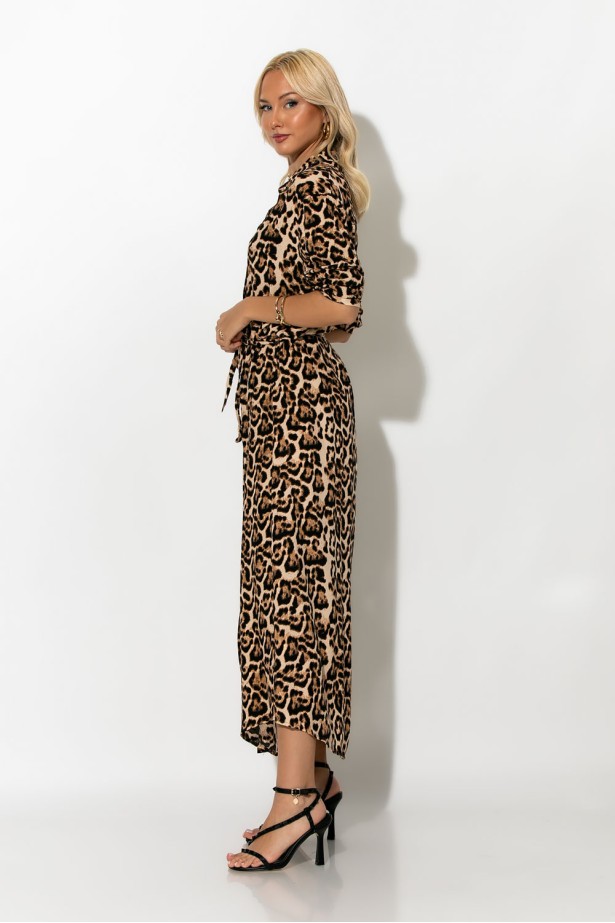 Μάξι φόρεμα leopard print με ζωνάκι μπεζ Μάξι φόρεμα leopard print με ζωνάκι μπεζ