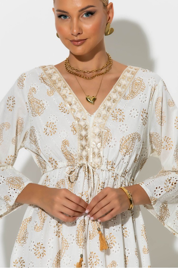 Boho φόρεμα κυπούρ με παγιέτα στην λαιμόκοψη μπεζ Boho φόρεμα κυπούρ με παγιέτα στην λαιμόκοψη μπεζ