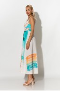 Μίντι φόρεμα με λινό και print summer vibes μπεζ Μίντι φόρεμα με λινό και print summer vibes μπεζ