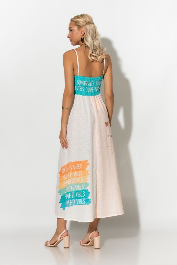 Μίντι φόρεμα με λινό και print summer vibes μπεζ Μίντι φόρεμα με λινό και print summer vibes μπεζ