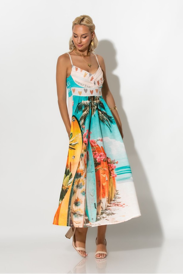 Μίντι φόρεμα με λινό και print summer vibes μπεζ Μίντι φόρεμα με λινό και print summer vibes μπεζ