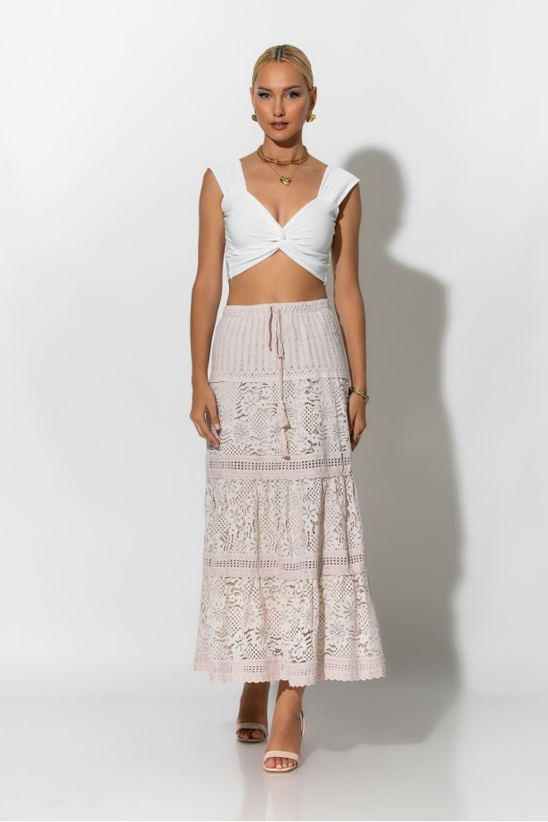 Boho maxi φούστα με δαντέλα μπεζ