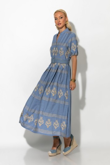 Ethnic elegance φόρεμα με κεντήματα μπλε