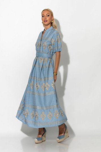 Ethnic elegance φόρεμα με κεντήματα μπλε