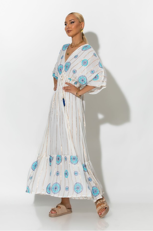 Φόρεμα boho με μανίκια νυχτερίδα σιέλ Φόρεμα boho με μανίκια νυχτερίδα σιέλ