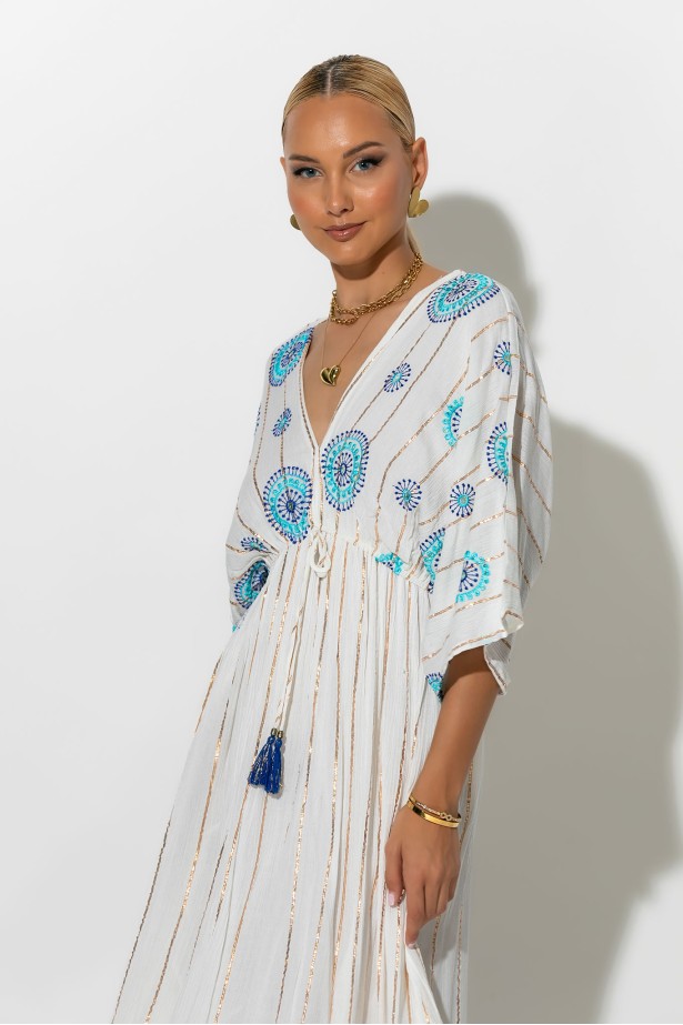 Φόρεμα boho με μανίκια νυχτερίδα σιέλ Φόρεμα boho με μανίκια νυχτερίδα σιέλ