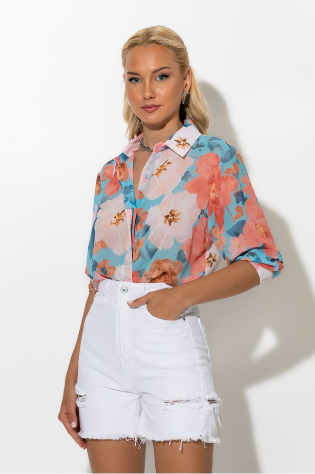 Floral πουκαμίσα σιέλ Floral πουκαμίσα σιέλ