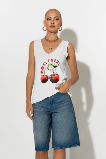 Πλεκτό αμάνικο με print cherry εκρού