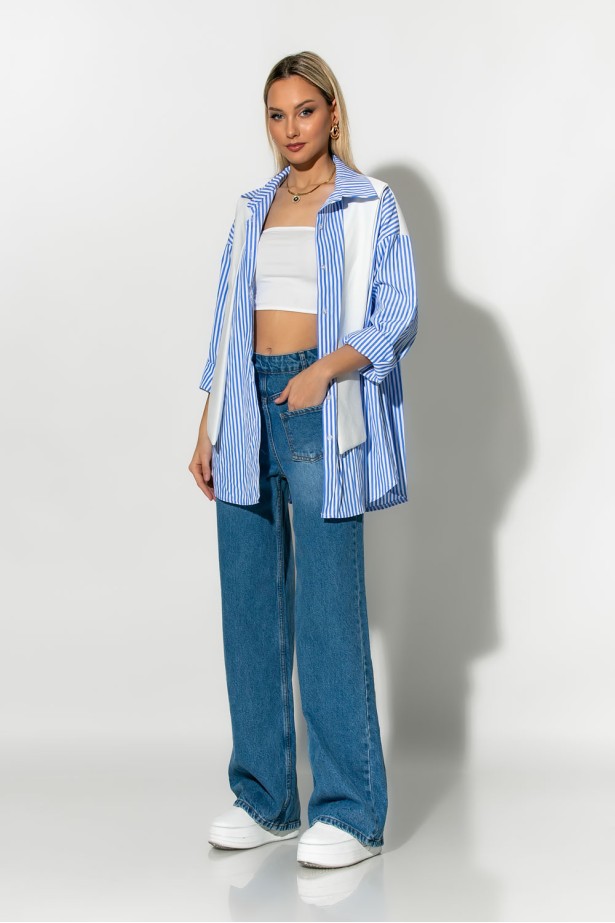 Oversized πουκάμισο ριγέ με δέσιμο μπροστά γαλάζιο Oversized πουκάμισο ριγέ με δέσιμο μπροστά γαλάζιο