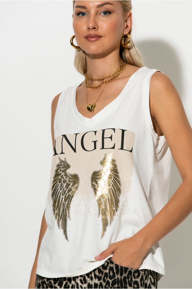 Αμάνικη μπλούζα με στάμπα angel λευκό Αμάνικη μπλούζα με στάμπα angel λευκό