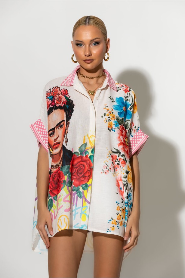 Πουκαμίσα ασύμμετρη με μοτίβο frida kahlo μπεζ Πουκαμίσα ασύμμετρη με μοτίβο frida kahlo μπεζ