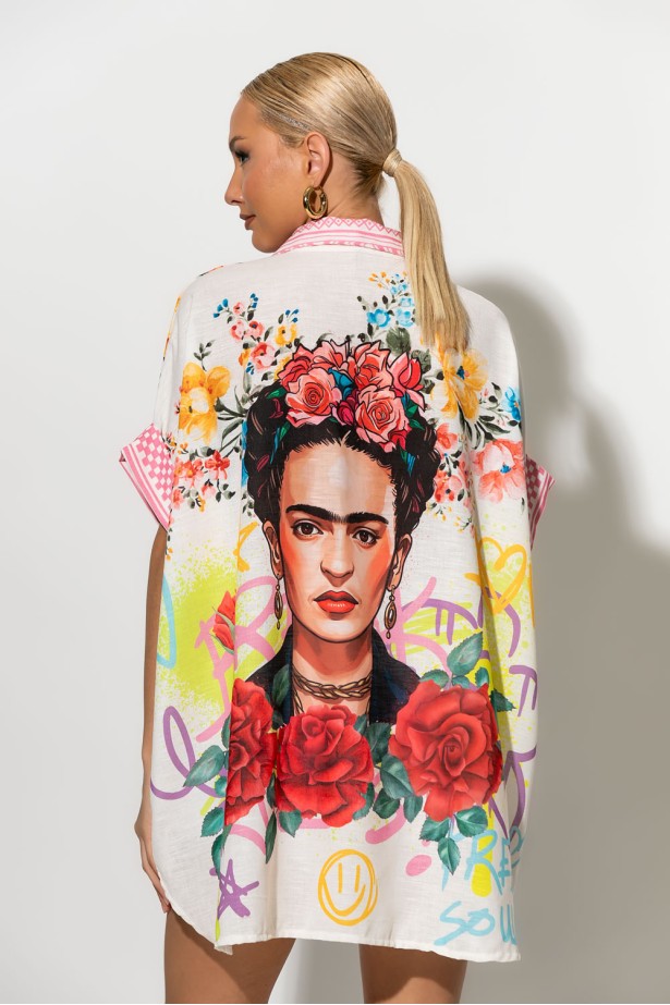 Πουκαμίσα ασύμμετρη με μοτίβο frida kahlo μπεζ Πουκαμίσα ασύμμετρη με μοτίβο frida kahlo μπεζ