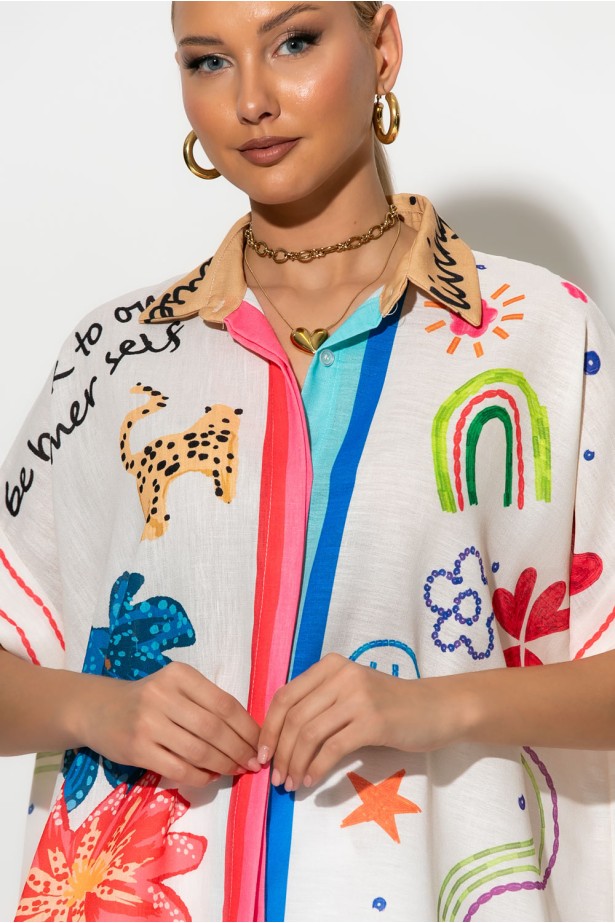 Πουκαμίσα ασύμμετρη με fun and artistic print μπεζ Πουκαμίσα ασύμμετρη με fun and artistic print μπεζ