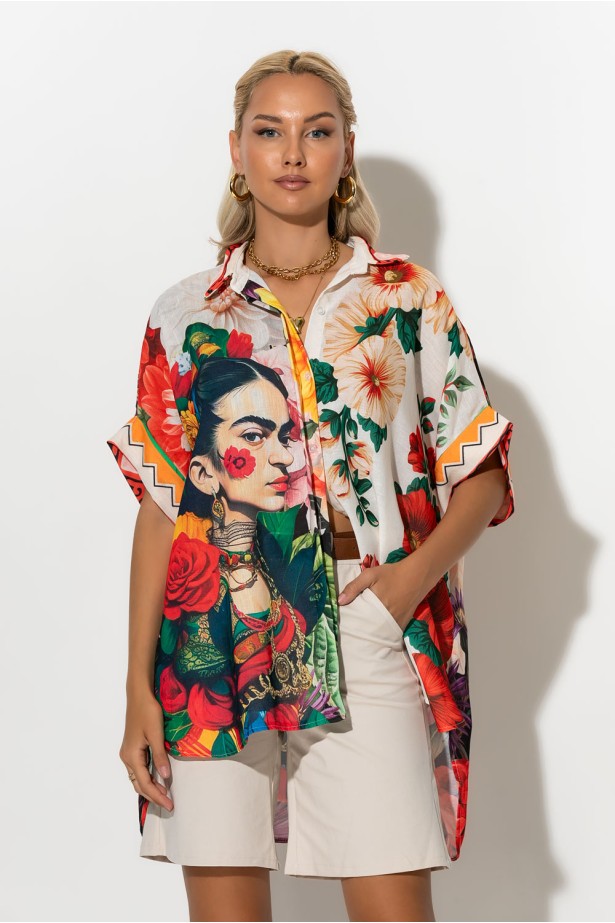 Πουκαμίσα με print frida μπεζ Πουκαμίσα με print frida μπεζ