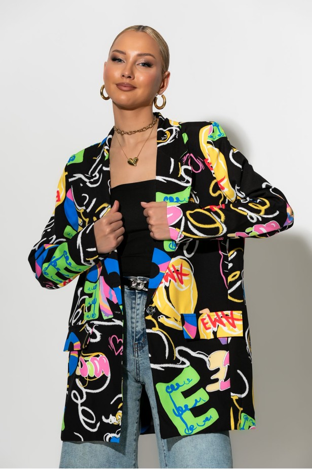 Blazer με graffiti print μαύρο Blazer με graffiti print μαύρο