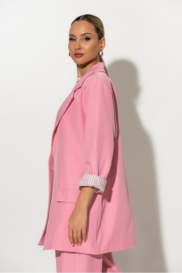 Blazer με ριγέ φόδρα και κουμπί ροζ Blazer με ριγέ φόδρα και κουμπί ροζ