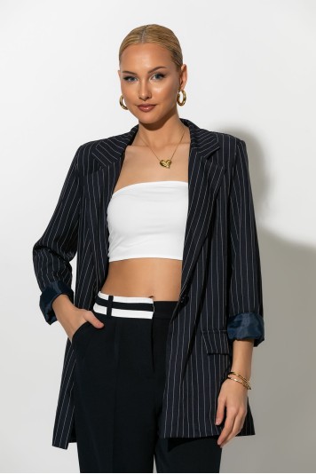 Ριγέ blazer με φόδρα και βάτες μπεζ
