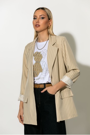 Ριγέ blazer με φόδρα και βάτες μπεζ